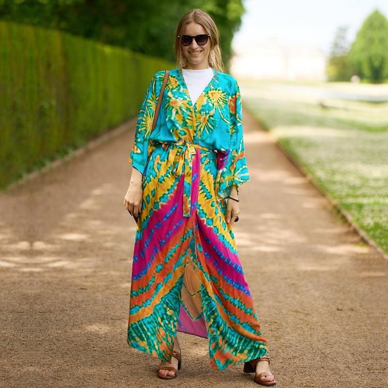 EDOLYNSA Повседневное платье-кимоно с длинными рукавами и принтом, халат, женская летняя пляжная одежда, купальник, накидка, пляжный отдых, солнцезащитная одежда Q1451