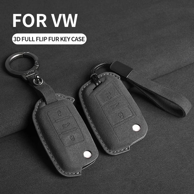 Suede Car Flip Key Case Cover for VW Volkswagen Golf 7 MK7 Tiguan MK2 T-roc Skoda Octavia Kodiaq Karoq Seat Ateca Leon Passat