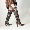 lenkisen Ткань с камуфляжным узором, осенне-зимняя обувь, супертонкие высокие каблуки, плиссированные ботинки, европейские теплые сапоги выше колена