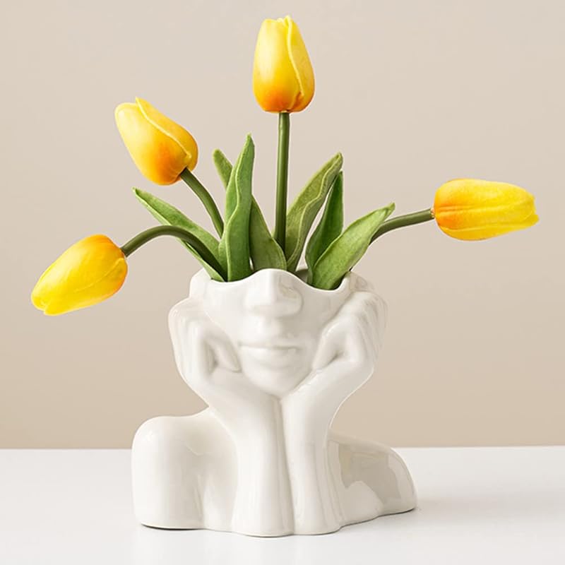 White Ceramic Face Vase, Female Form Head Half Body Bust Vases Boho Feminist Minimalism Decorative Modern Nordic Style Flower Vase for Home Living