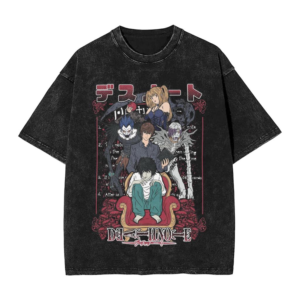 Deaths Notes Anime Washed T Shirt Streetwear Hip Hop Novelty TShirts Tees Unisex Women Short Sleeve Oversize Printed