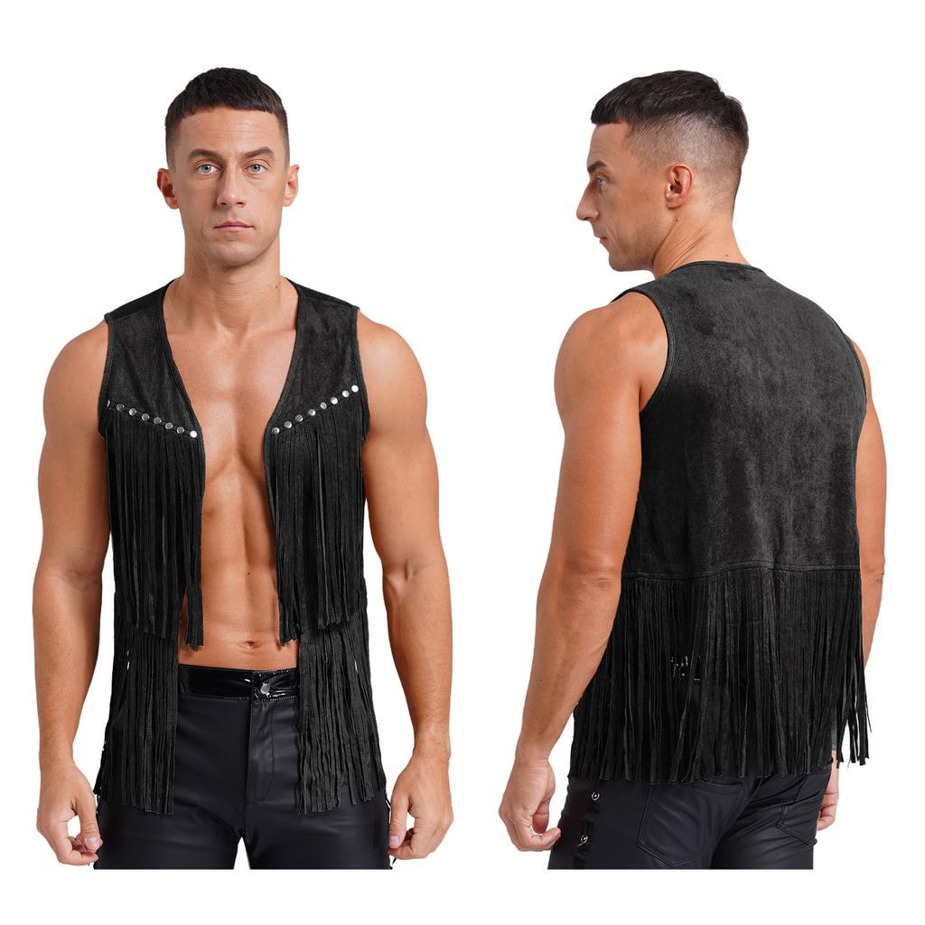 Mens Western Cowboy Vintage Faux Suede Tassel Vest Tops Open Front Rivets Fringe Waistcoat Jacket Festival Rave Party Clubwear