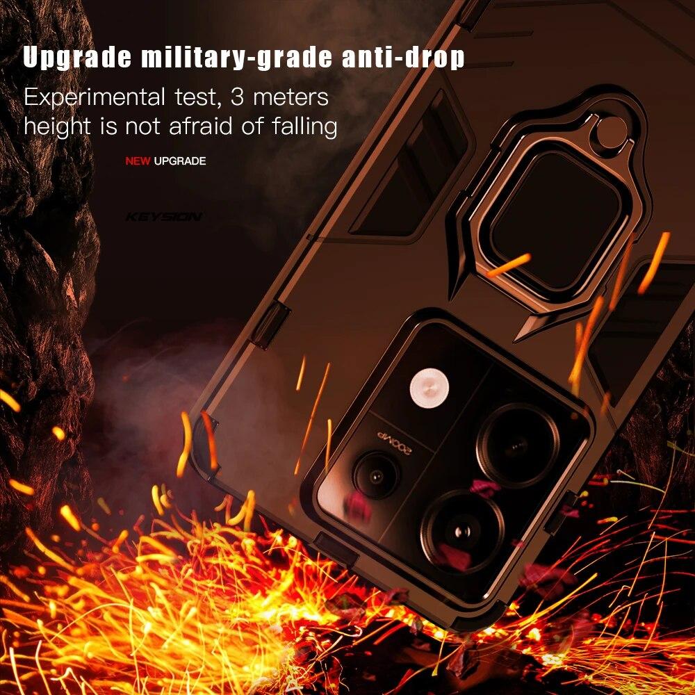 KEYSION Shockproof Armor Case for Redmi Note 13 Pro 4G 13 Pro+ 5G Silicone+PC Ring Metal Stand Phone Cover for Xiaomi POCO M6 Pro