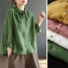 Women Embroidery Floral Shirts Solid Color Turn-down Collar Long Sleeve Blouses Spring Button Shirts