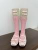 Coquette Pearl Flower Knee High Socks, Color Block Ribbed Leg Warmers with Satin Bows for Women Girls