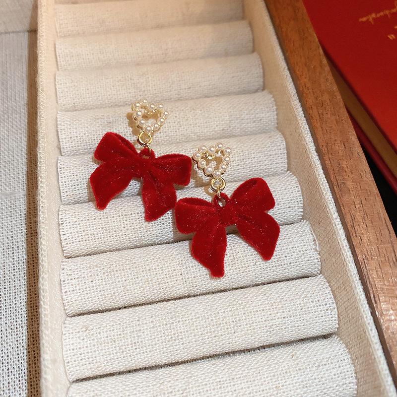 Vintage Red Flocking Earrings Collection Bow Knot Earstuds Vintage Style Earrings Jewelry Gift
