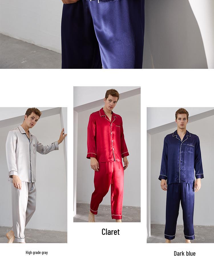 Мужской шелковый пижамный комплект: Топ с длинным рукавом и брюки с вышивкой бабочек, 100% шелк тутового дерева