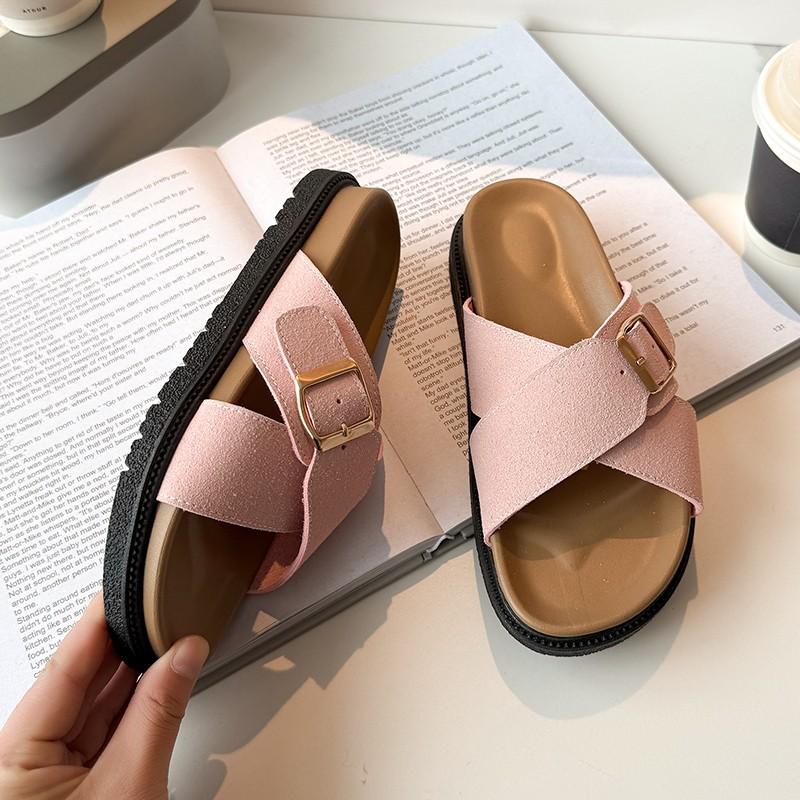 Women's Fashion Flat Slippers Summer New Round Head Open Toe Suede Metal Buckle Anti-slip Wear-resistant Sandals