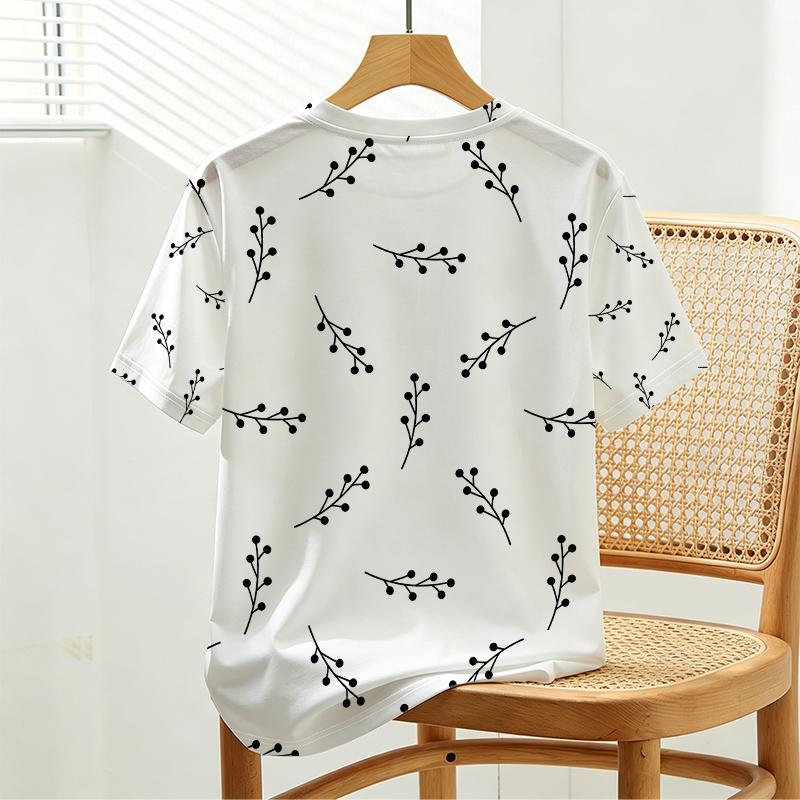 Women's Ins Style Short Sleeve T-Shirt, Simple Plant Print, Soft & Skin-friendly Versatile Casual Daily Wear