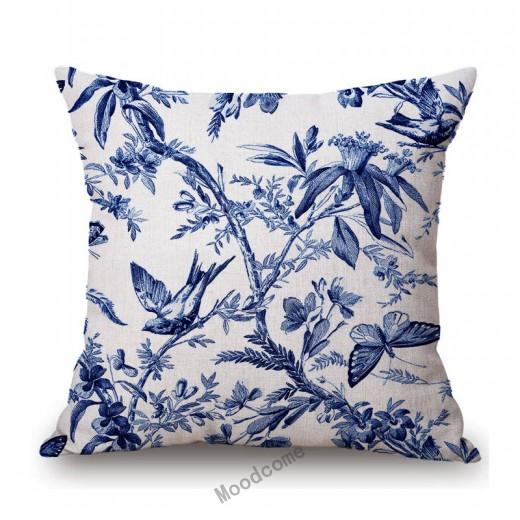 Navy Blue Delft Blue Toile De Jouy Pattern Design Royal Elegant Home Decorative Sofa Throw Pillowcase Cotton Linen Cushion Cover