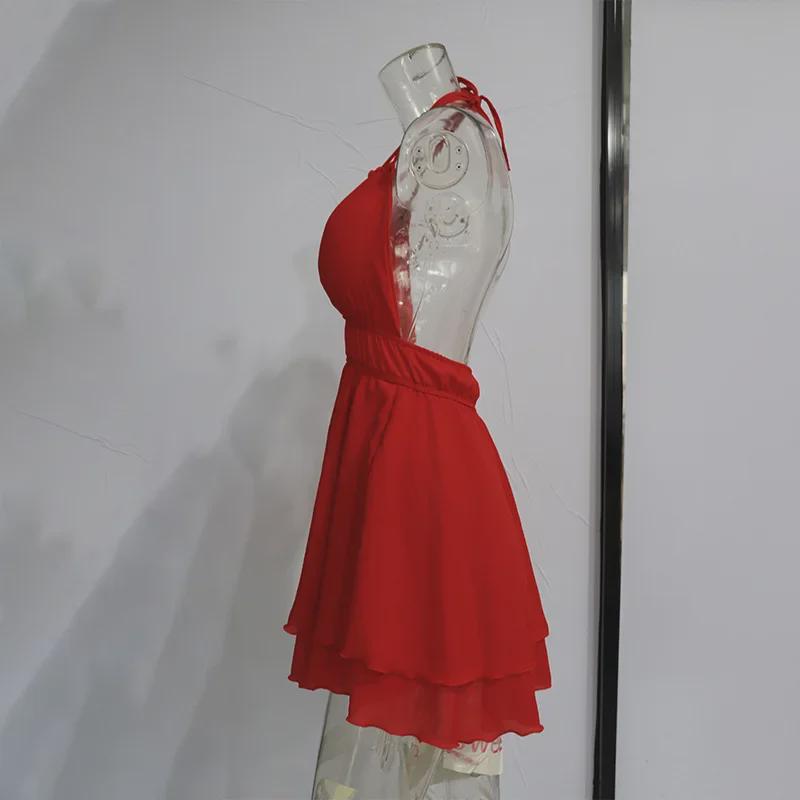 Европейское и американское летнее женское однотонное шифоновое платье с халтером и оборками - Сексуальный облегающий дизайн без спинки