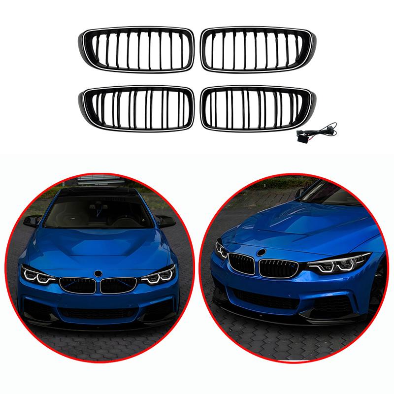 Для BMW 4 серии F32 F33 F36 2014-2020 Высококачественная ABS решетка радиатора "ноздри" с двойными ребрами и светодиодами, передние гоночные решетки, глянцевый черный