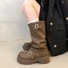 Модные осенне-зимние толстые высокие каблуки женские сапоги до середины голени горячая распродажа готические мотоциклетные сапоги женские модные пряжки удобные прогулочные ботинки