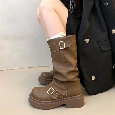 Модные осенне-зимние толстые высокие каблуки женские сапоги до середины голени горячая распродажа готические мотоциклетные сапоги женские модные пряжки удобные прогулочные ботинки