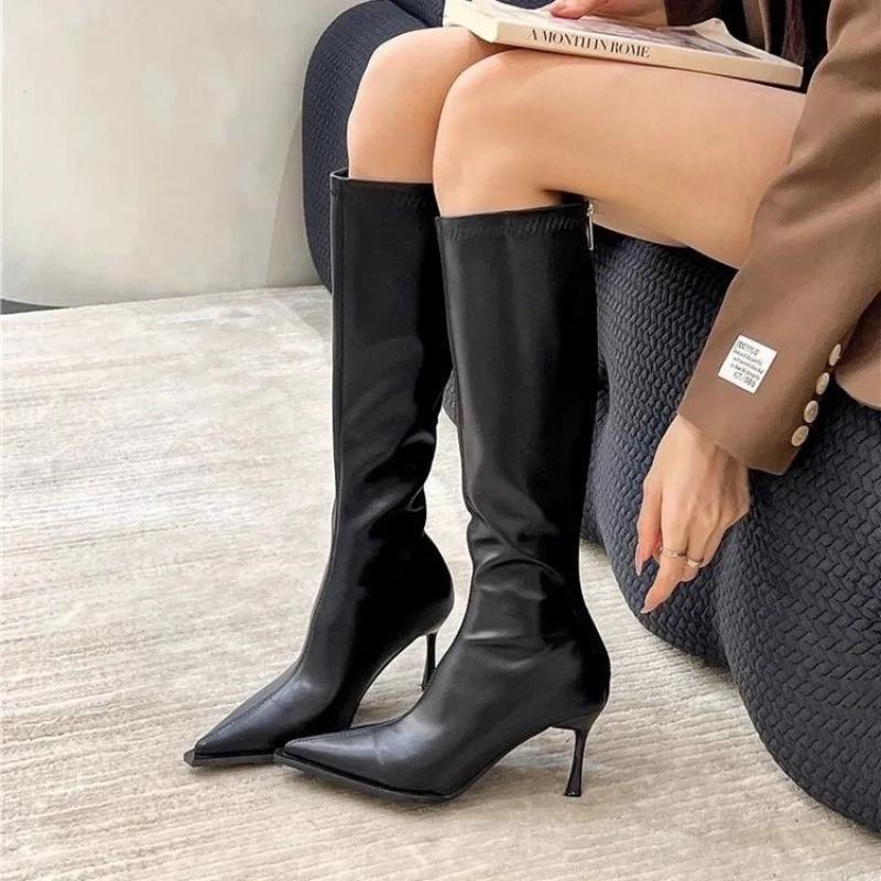 Ladies Shoes  Hot Sale Zipper Knee-High Women's Boots Autumn Pointed Toe Solid High Heels Elegant Fashion Versatile Boots