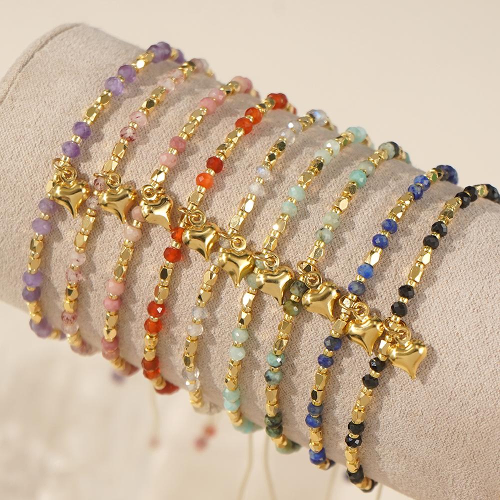 Ximang Ximang Stone Beaded Bracelet With Gold Heart Pendant Adjustable Handmade Jewelry for Women Sister Gift Ideacard