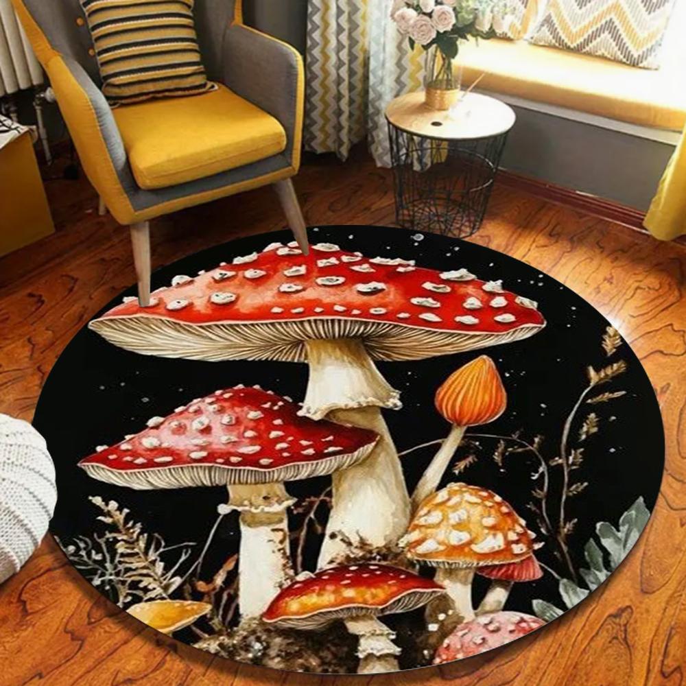 Illustration Style Mushroom Round Rug Mushroom Pattern Home Decor Carpet Soft Non-Slip Floor Mat for Living Room Bedroom