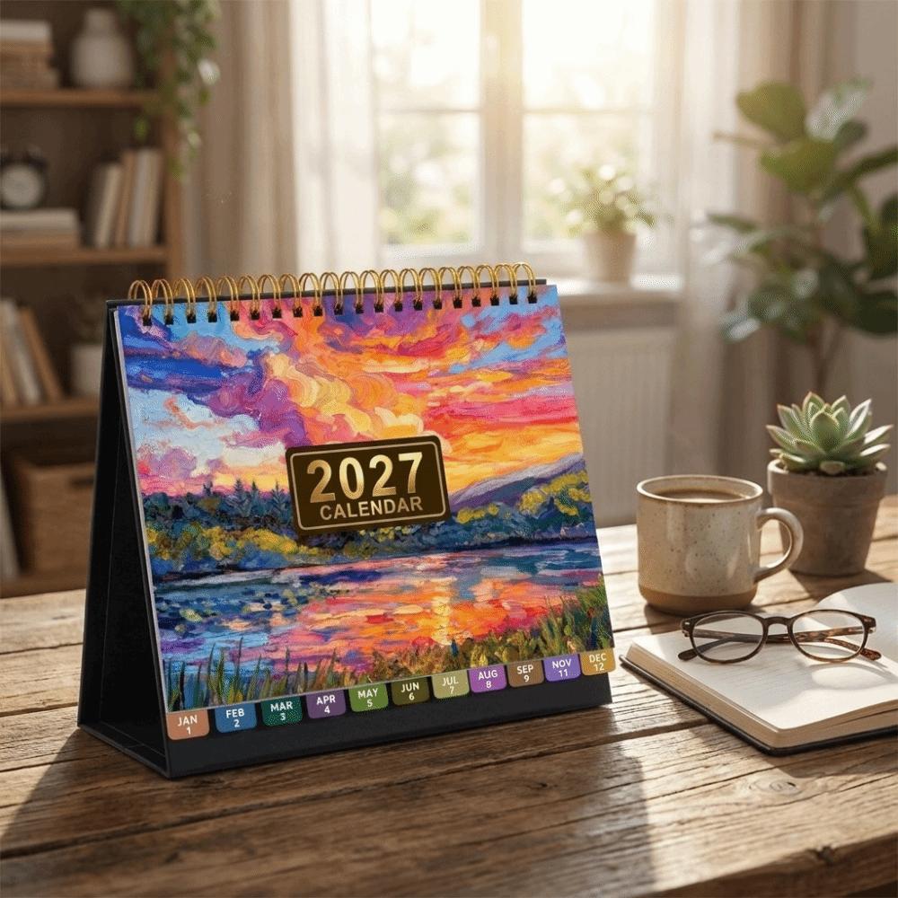 Spiral Bound Standing Flip Calendar Floral Pattern Table Calendar Schedule Organizer