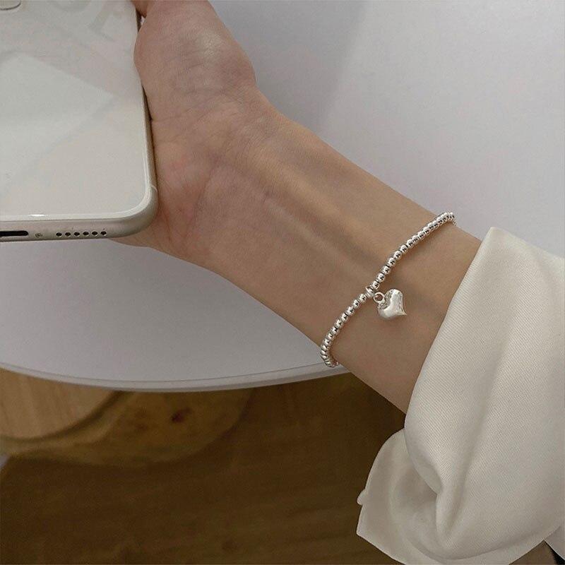 Браслет из стерлингового серебра 925 пробы с квадратным сердечком и бусинами для женщин, простой, индивидуальный, крутой браслет, корейские ювелирные изделия