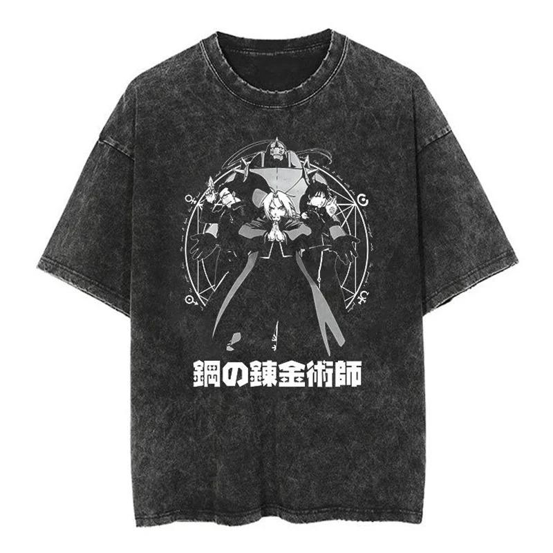 Anime Mustang Roy Fullmetal Alchemist Graphic Print T-Shirt Men Women Streetwear Harajuku Hip Hop Vintage Washed Cotton Oversized Top Summer New Tee