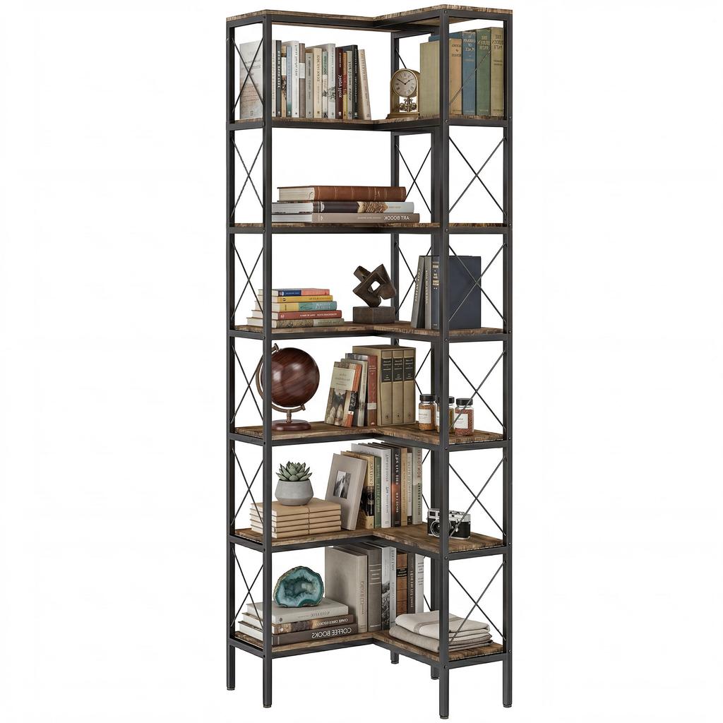 6-Tier L-Shaped Bookshelf, Freestanding Corner Bookcase with Metal Frame, Rustic Brown