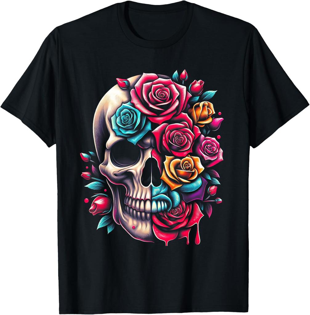 Half Flower Half Skull Sugar Roses for Women Girls Halloween T-Shirt