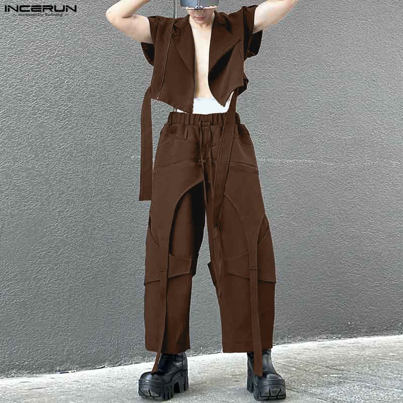 INCERUN Two Pieces Sets Men Zip-up Sleeveless Cropped Waistcoat and Long Cargo Pants Outfits