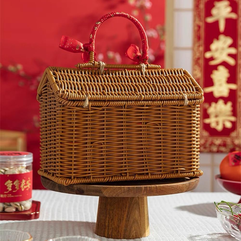 House-Shaped Wicker Basket with Lid - Handwoven Rattan Storage Basket for Home Decor, Kids Picnic, Organizer | Decorative Brown Woven Gift Box,