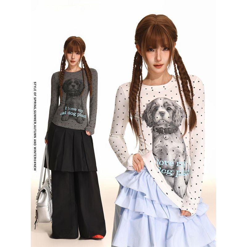 Shiyiyue Puppy Polka Dot Print Round Neck Top for Women, Autumn Casual Waist-Cinching Regular Shoulder Design Long Sleeve