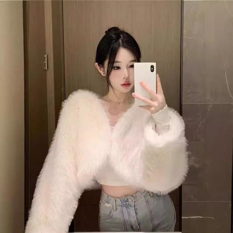 Womens Faux Fur Short Coat V-Neck Long Sleeve Street Style Outerwear Multiple Colors S-XXXL