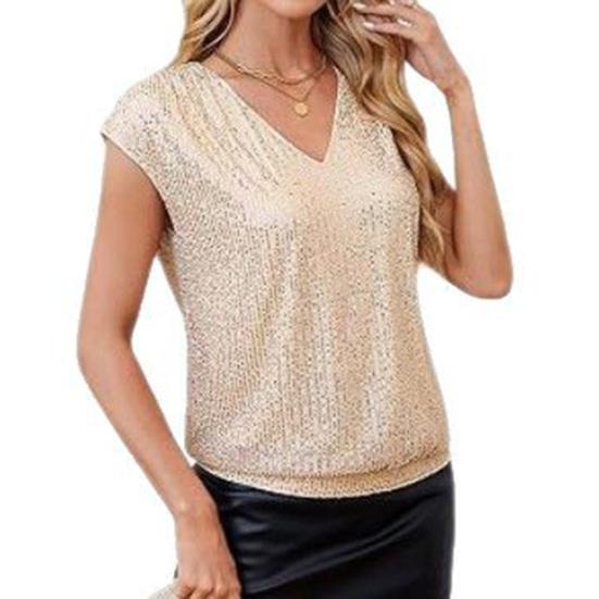 Женская футболка с V-образным вырезом без рукавов, блестящая футболка с пайетками, однотонный свободный пуловер