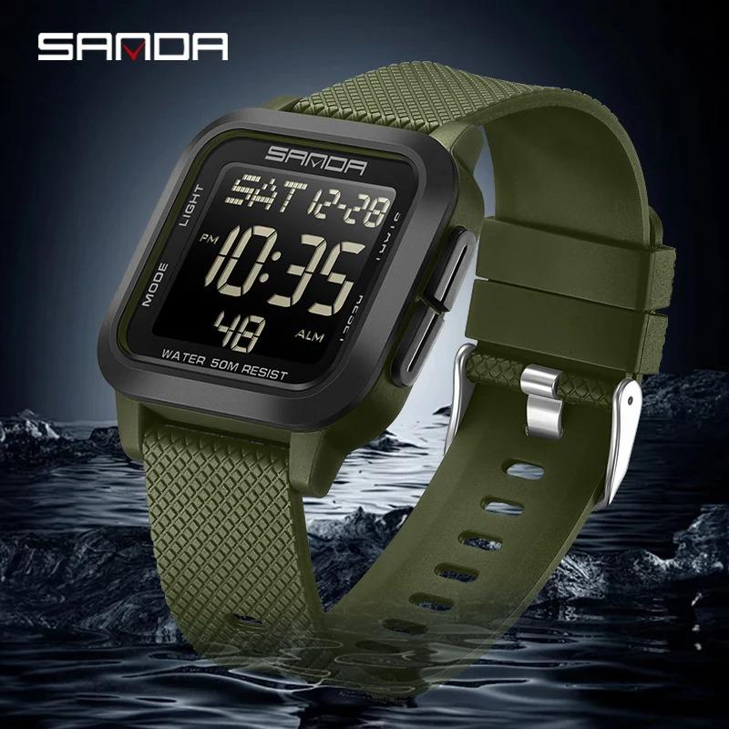 SANDA 2194 Модные Повседневные Спортивные Цифровые Часы Квадратные Многофункциональные с Отображением Даты Силиконовый Ремешок Подходят для Мальчиков и Девочек Часы