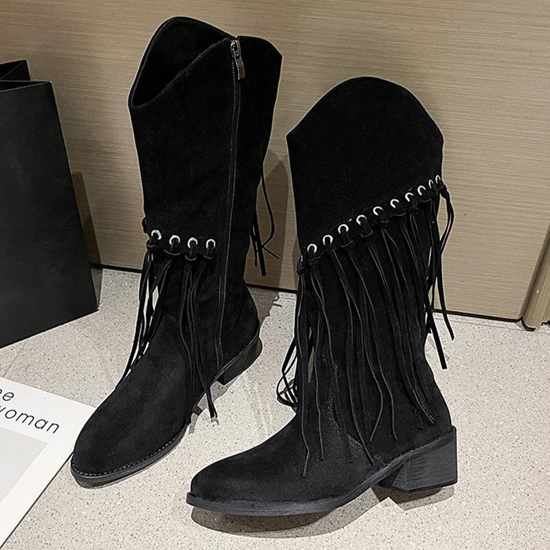 Suede Women High Boots Tassels Fashion Chunky Shoes Knee High Snow Chelsea Botas Winter New Trend Woman Designer Zapatos