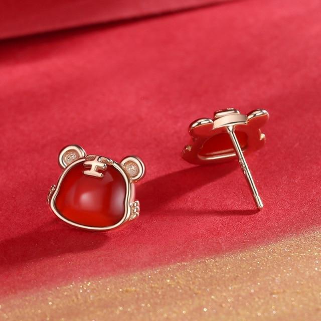 Chinese Style Original New Year Of The Tiger Zodiac Earrings Female S925 Sterling Silver Niche Design Red Agate Women Earrings