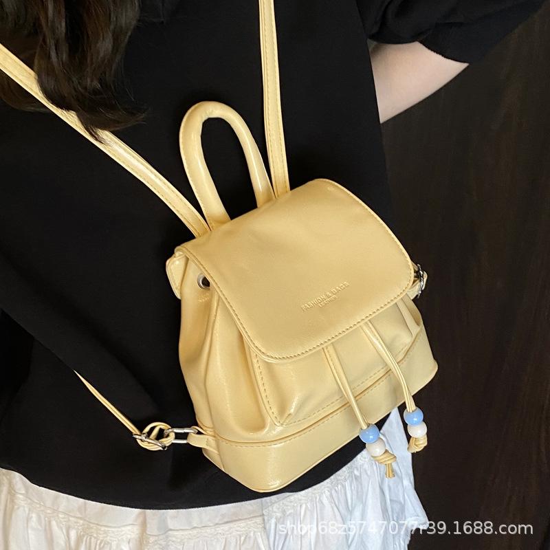 Trendy Korean Simple Backpack 2025 New Drawstring Pleated Women's Bag Going Out Travel Small Backpack