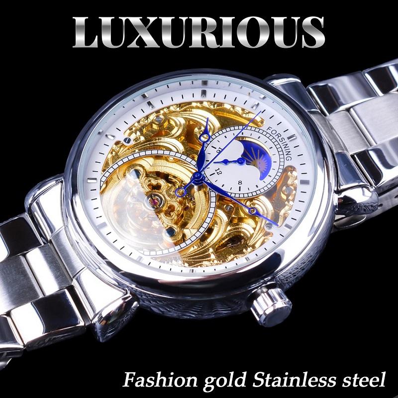 Forsining Мужская мода, отдых, полая луна и механические часы с полой поверхностью