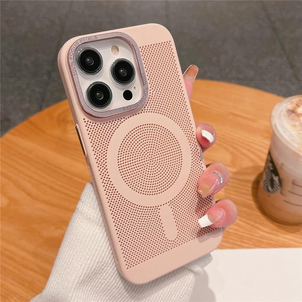 Ultra Thin Heat Dissipation Mesh Grid Magnetic Case for iPhone 15 13 12 14 11 Pro Max Matte Hard Steel Magsafing Shockproof Cove
