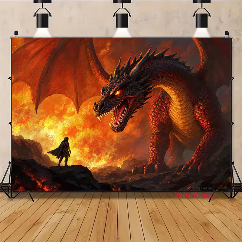 2D Dragon Warrior Photo Backdrop Fantasy Party Decor Cloth