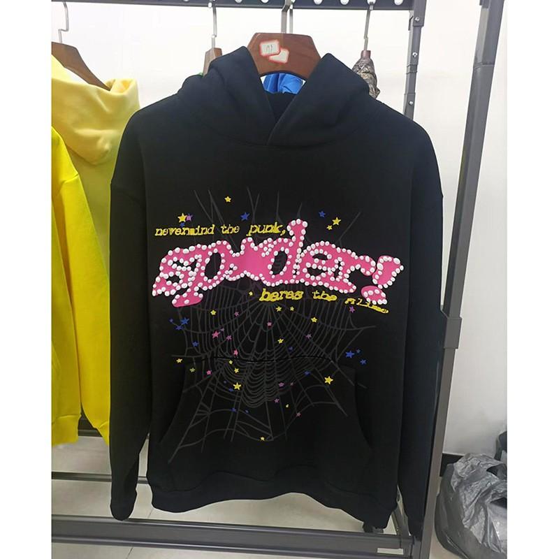 Sp5der Hoodie Oversized Thick Fleece Sweatshirt With Foil Print Spiderweb Design Men Winter Casual Wear