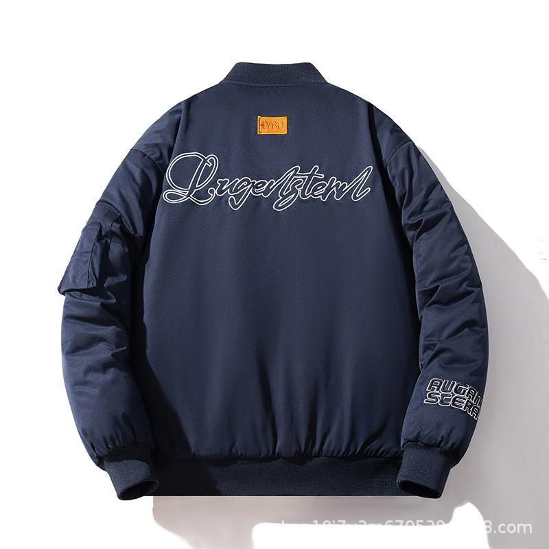 Mens Winter Thickened Bomber Jacket With Embroidery Patch Loose Fit Casual Outerwear Teens Adults