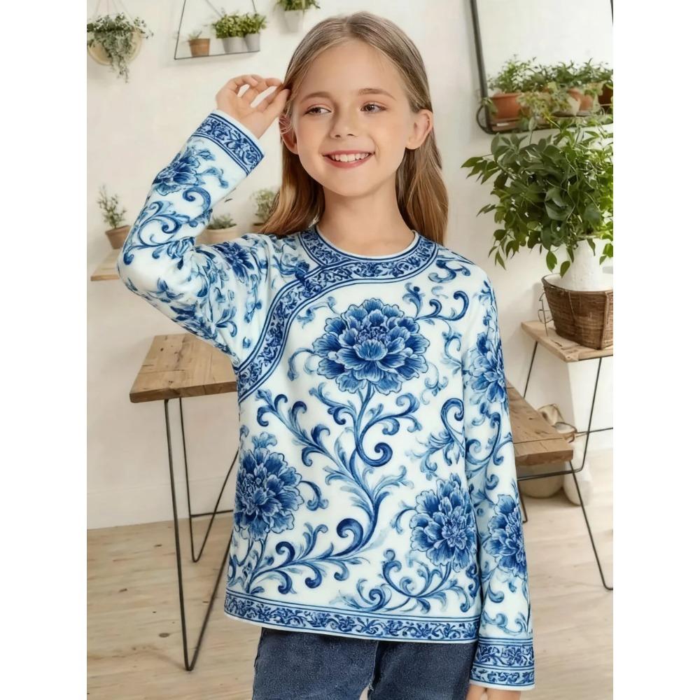 Spring and Autumn Round Neck Flower Plant Patterns 3D Printed Top Fashionable Casual Long Sleeved Children's Girl T-shirts
