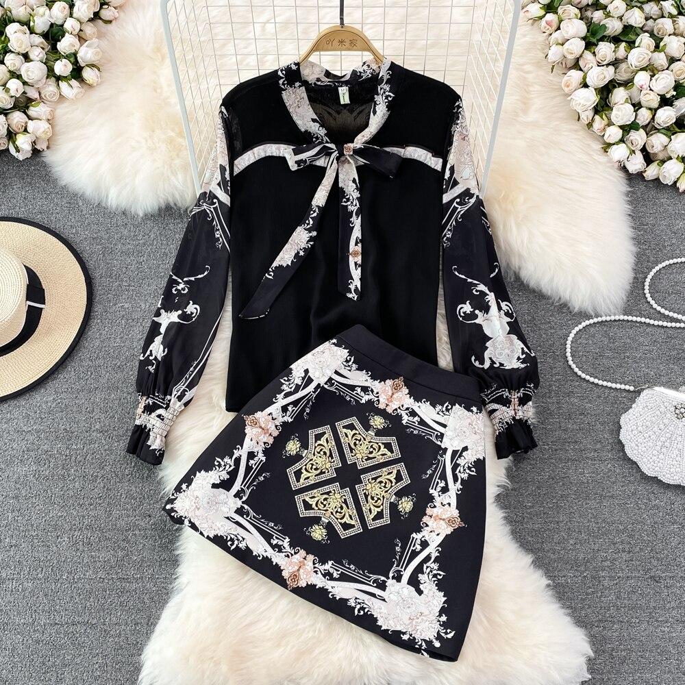 Модный костюм темперамент знаменитости Офисный профессиональный блузка из шифона с бантом комплект из двух предметов юбка с завышенной талией и облегающая бедра весна