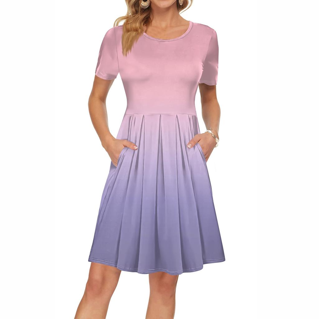 Женское платье с коротким рукавом, плиссированное, свободное, повседневное платье с карманами, платья длиной до колена