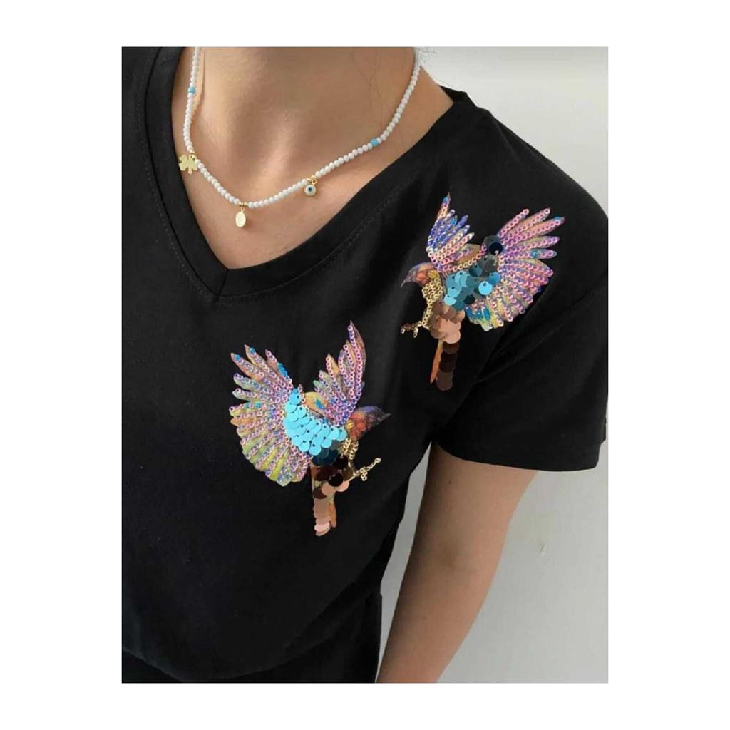 Женская черная футболка из 100 % хлопка с v-образным вырезом и вышивкой пайетками больших размеров