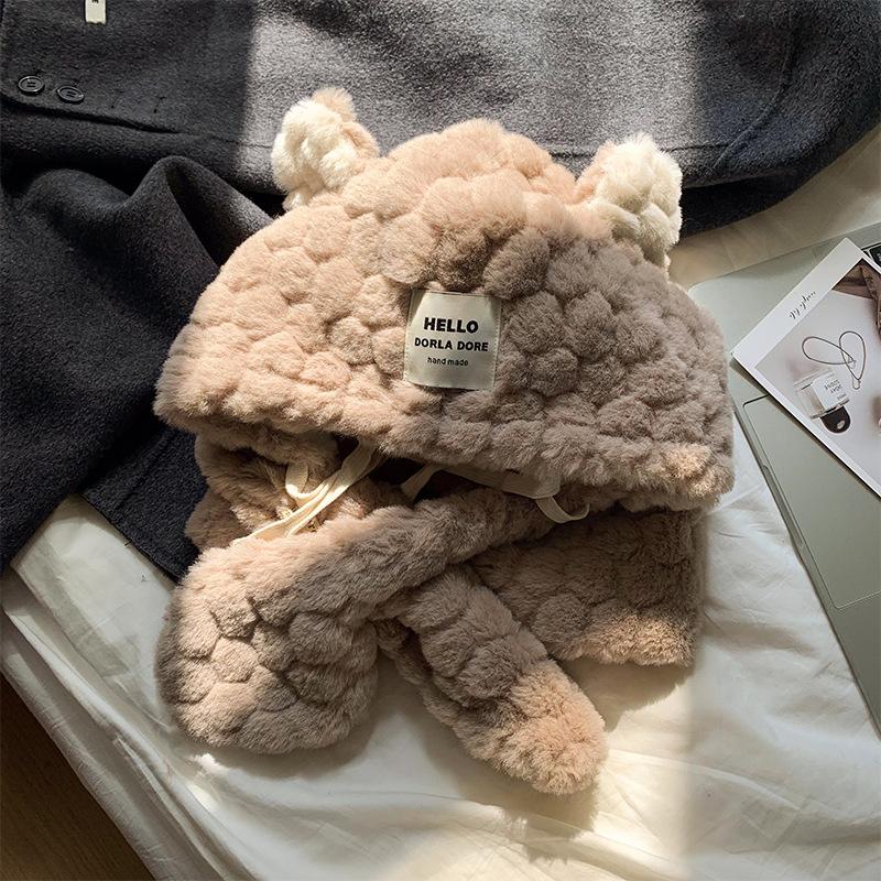 Плюшевая шапка-шарф с мишкой, женская осенне-зимняя утолщенная теплая защита ушей для верховой езды, показывает маленькое лицо