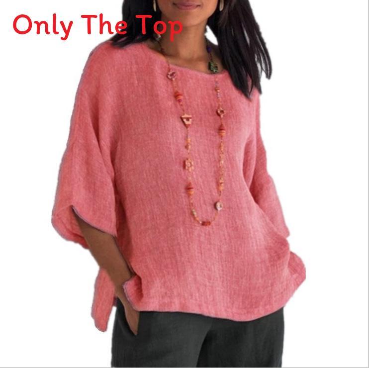 Cotton Linen Blouse For Women With Round Neck And Seven Quarter Sleeves For Casual Office Wear