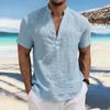 Мужская повседневная льняная рубашка-henley с коротким рукавом