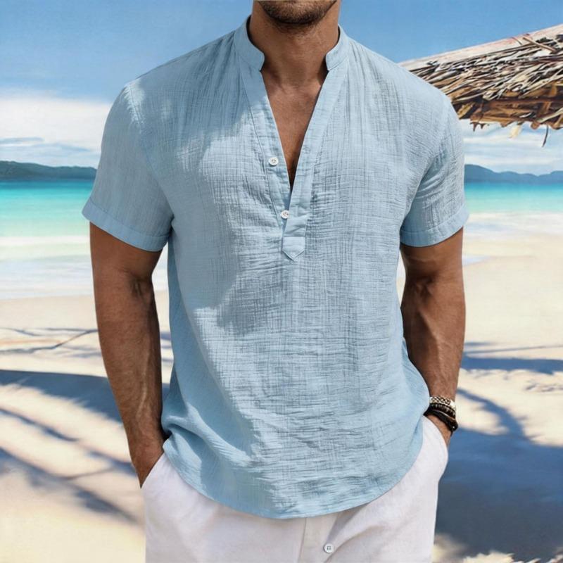Мужская повседневная льняная рубашка-henley с коротким рукавом