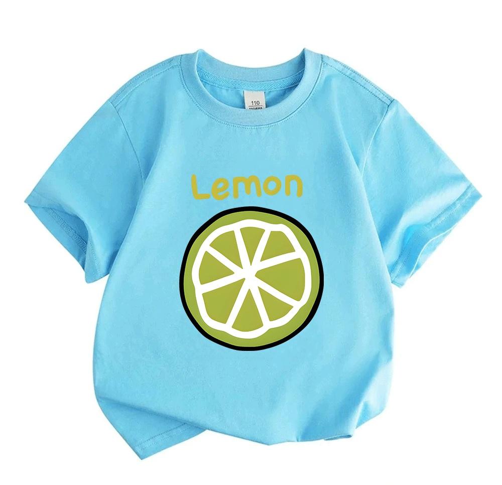 Unisex Kids 100% Cotton Crew Neck Short Sleeve T-Shirt, Cute Lime Lemon Slice Print Casual Tees for Boys Girls Summer Soft Breathable Daily Wear Tops