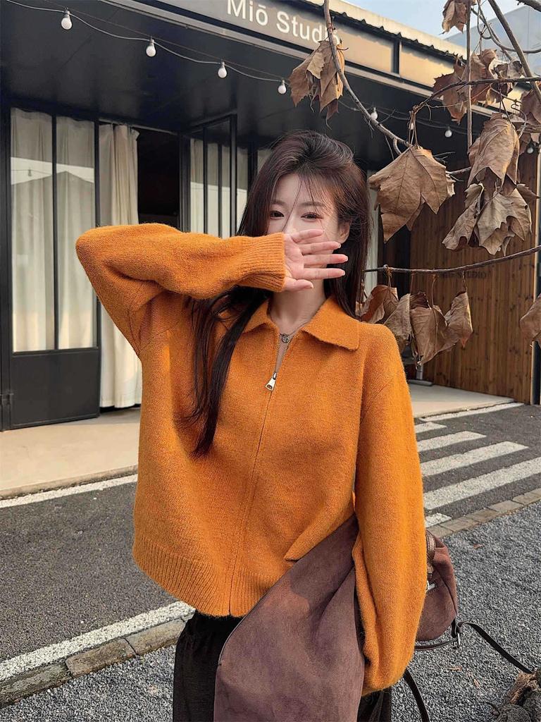 Универсальный трикотажный кардиган для通勤, женский осенне-зимний на молнии с воротником поло, многослойный повседневный свитер-жакет